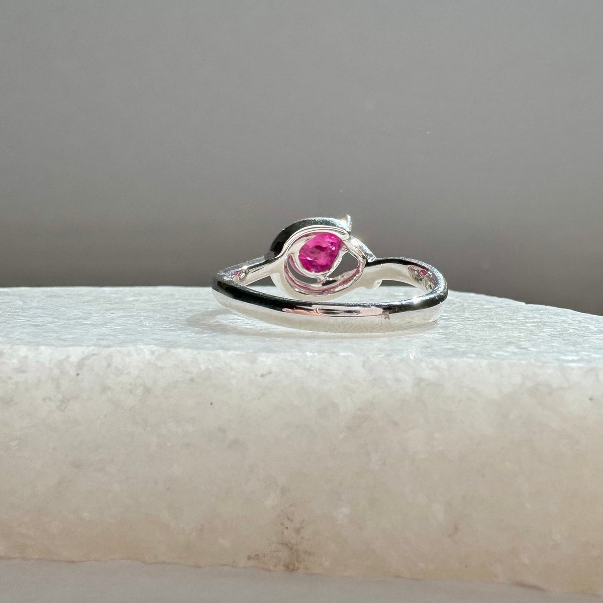 Genuine Ruby and Diamond Teardrop Ring in 14k White Gold