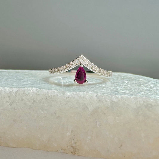 Genuine Ruby and Diamond Teardrop Chevron Ring｜14k White Gold