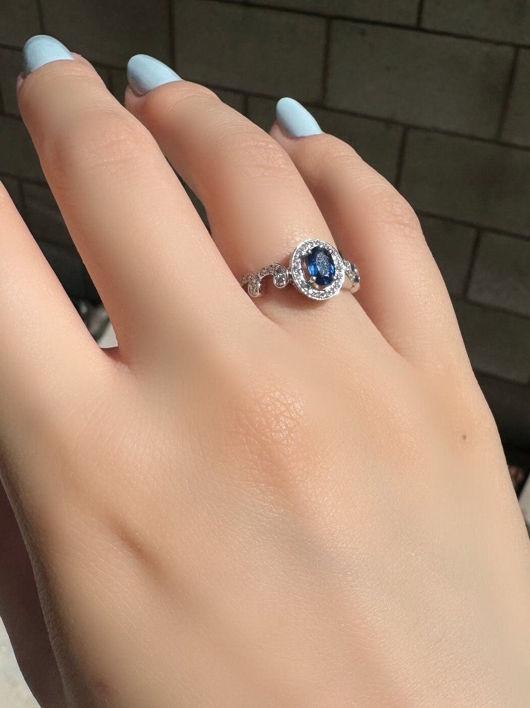 14k Solid White Gold Natural Oval Sapphire Swirl Diamond Halo Ring, September Birthstone