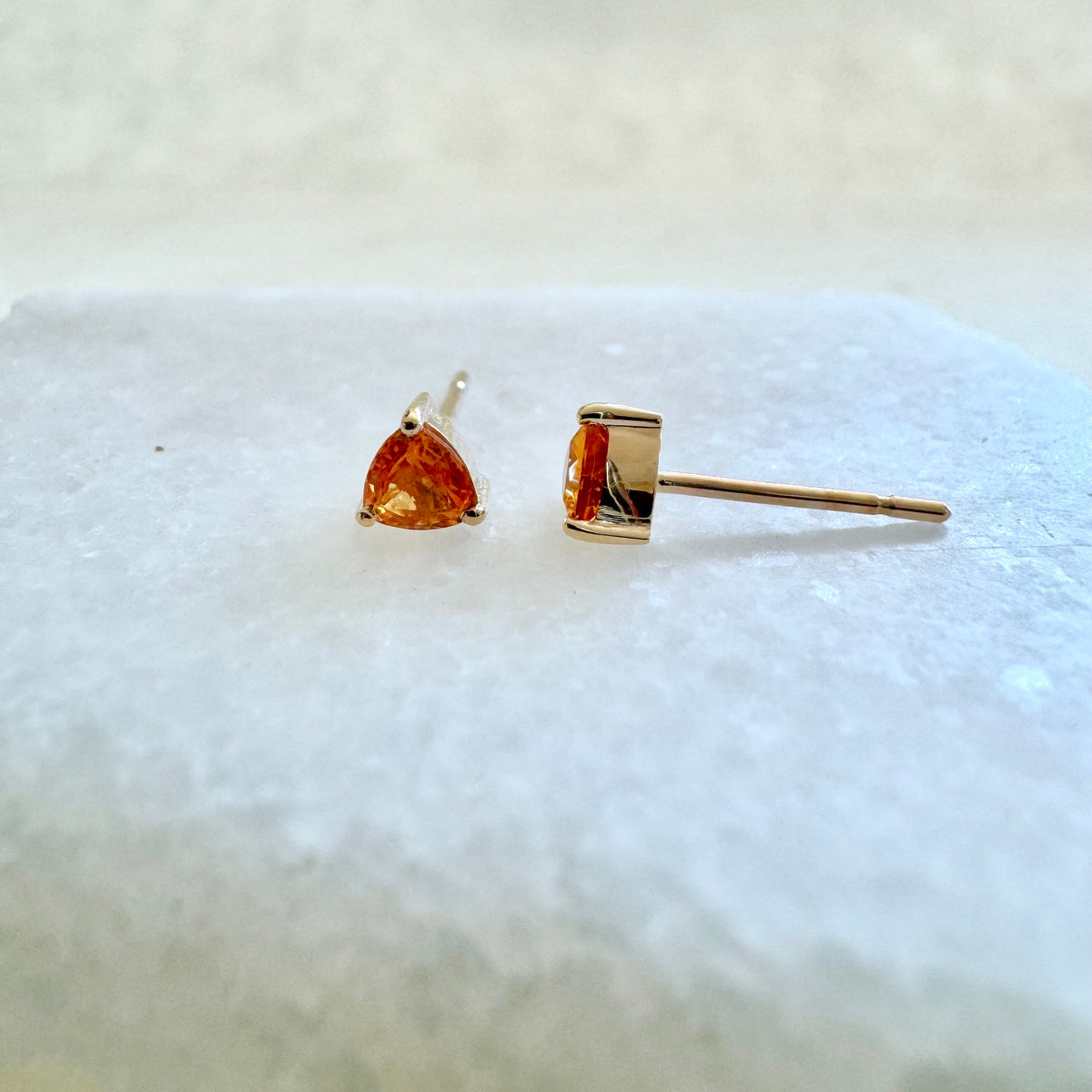 Natural Orange Sapphire Trillion Stud Earrings / 14k Solid Gold