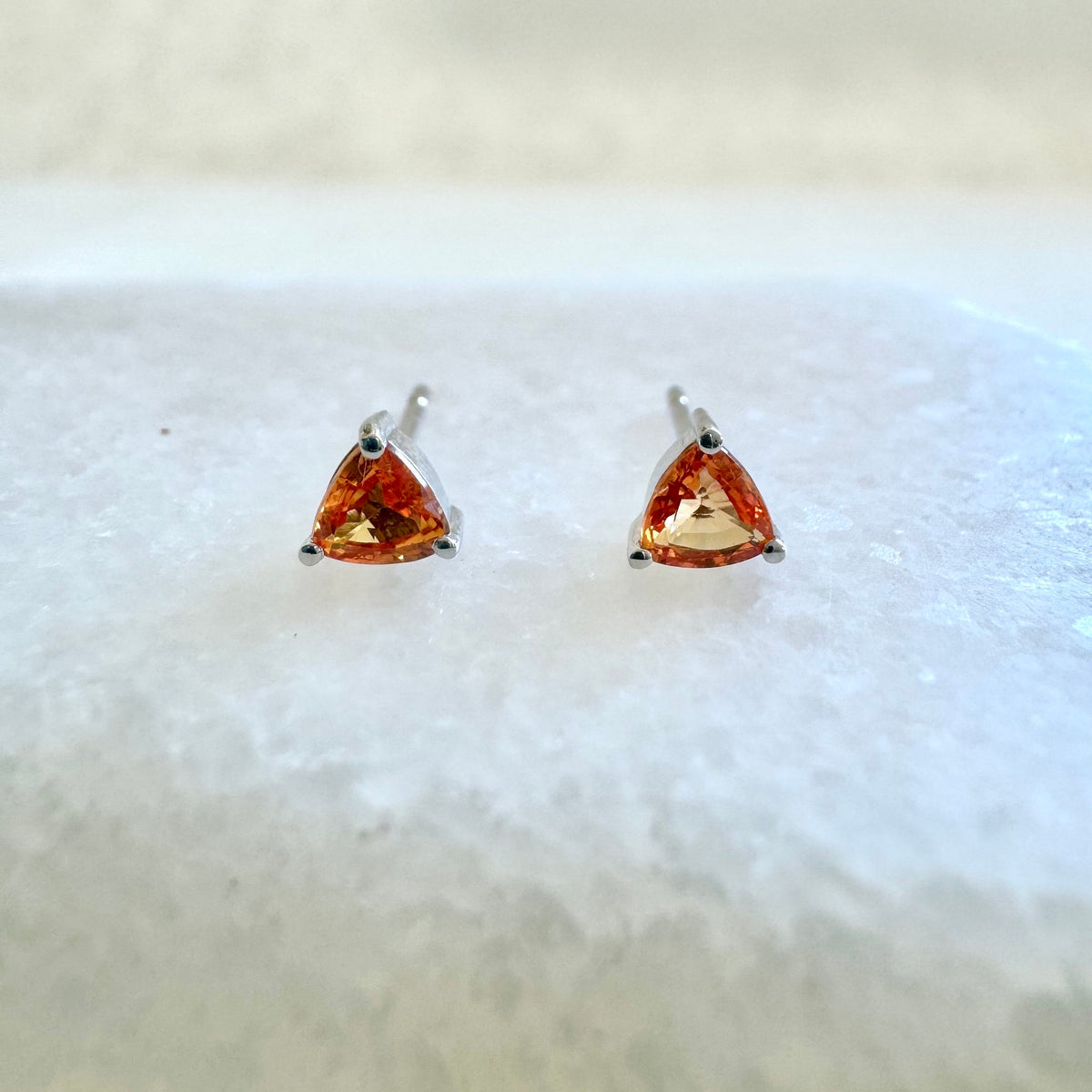 Natural Orange Sapphire Trillion Stud Earrings / 14k Solid Gold