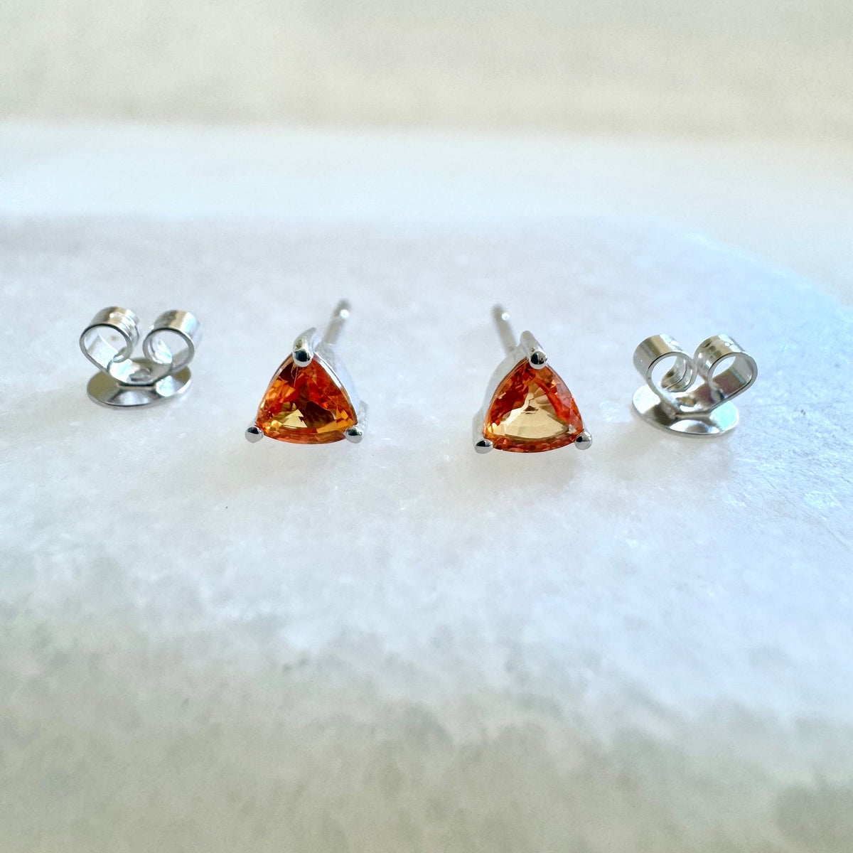 Natural Orange Sapphire Trillion Stud Earrings / 14k Solid Gold