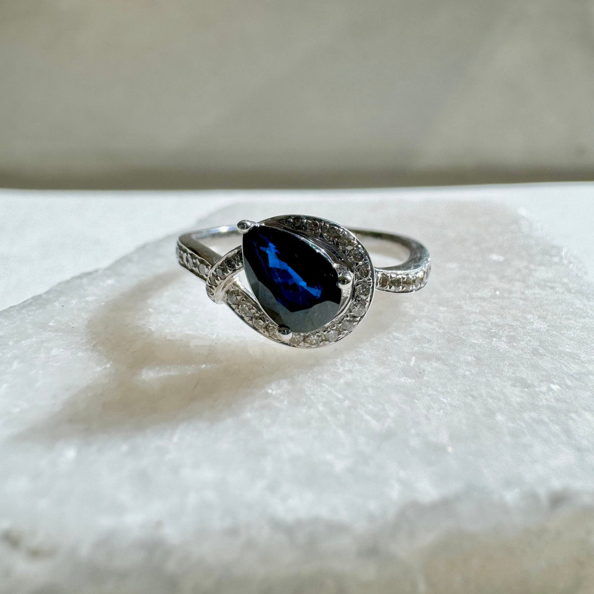Genuine Sapphire and Diamond Pear Cut Ring | 14k White Gold
