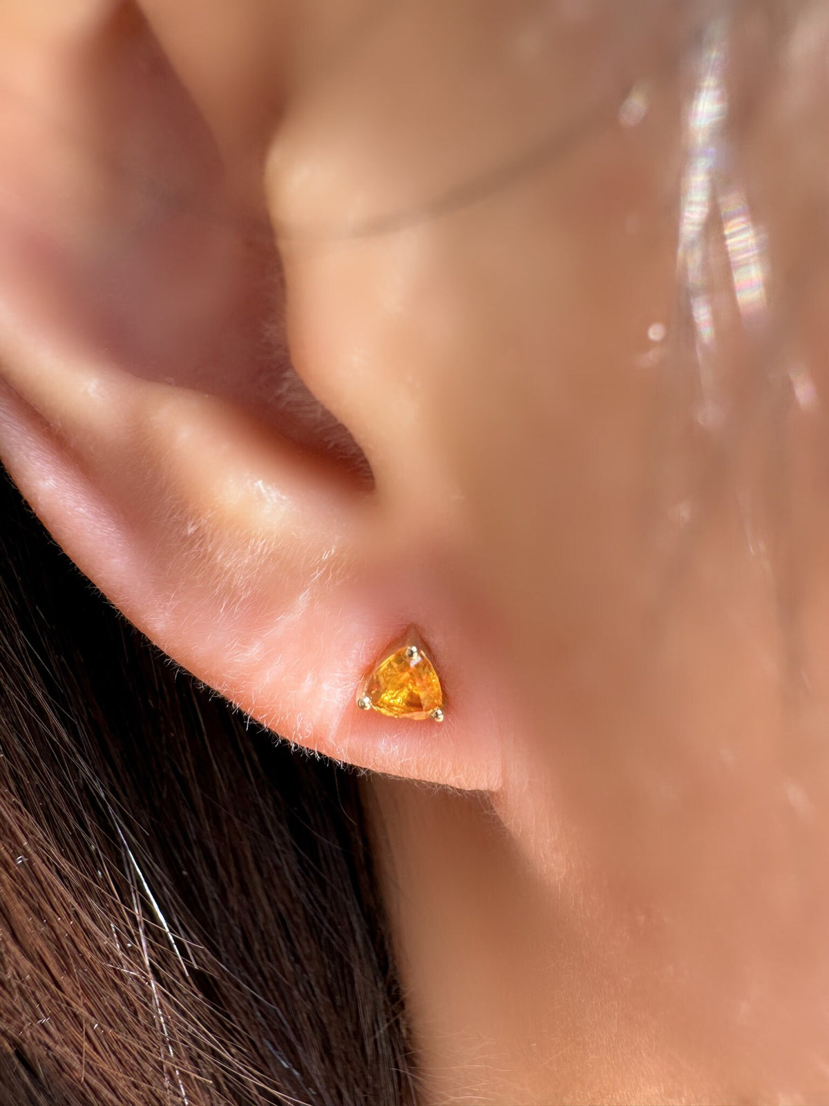 Natural Orange Sapphire Trillion Stud Earrings / 14k Solid Gold