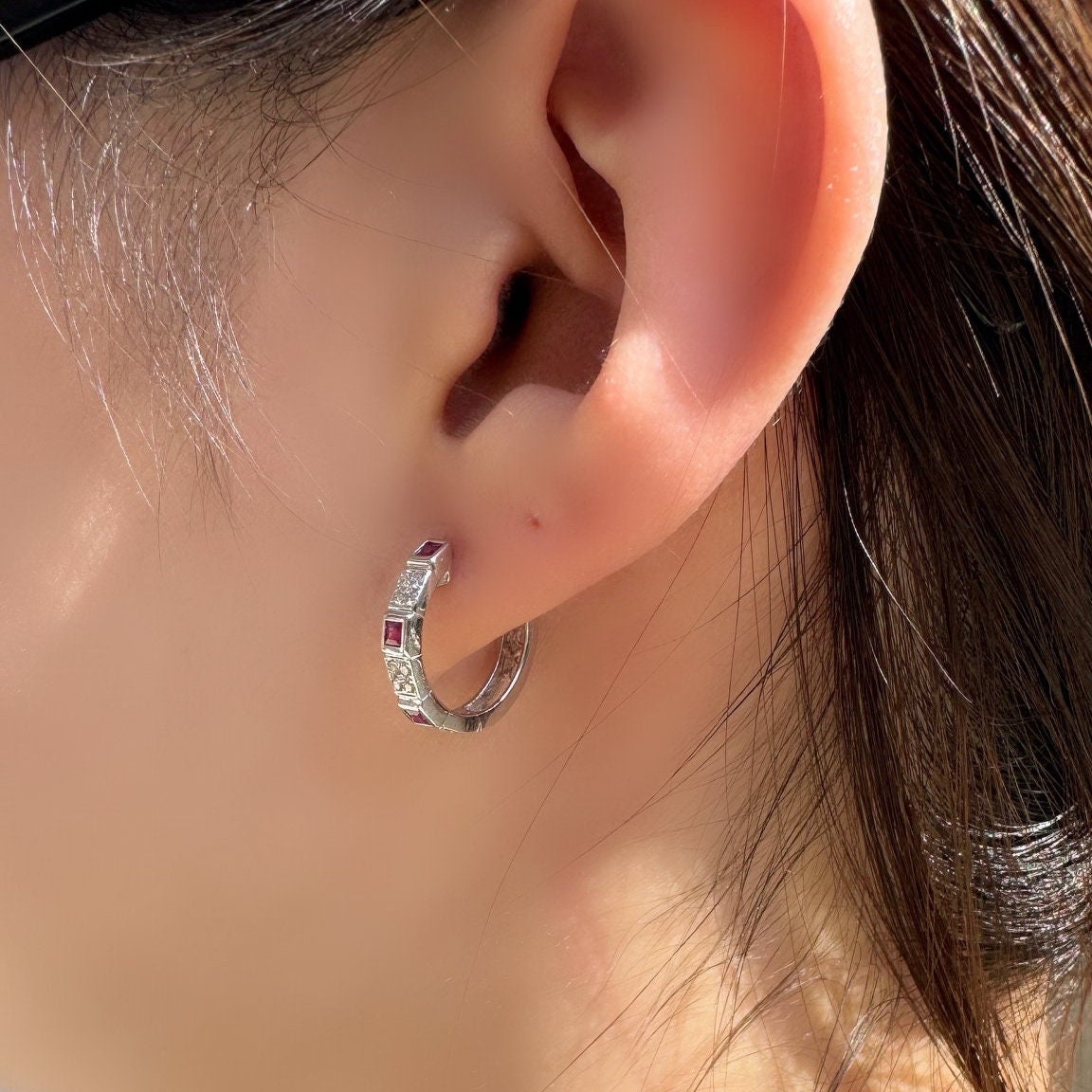 Genuine Ruby and Diamond Eternity Square Hoop Earrings in 14k Solid Gold