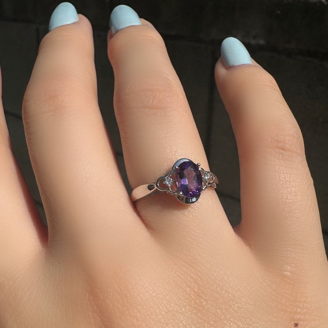 Genuine Amethyst and Diamond Oval Ring｜14k Solid White Gold
