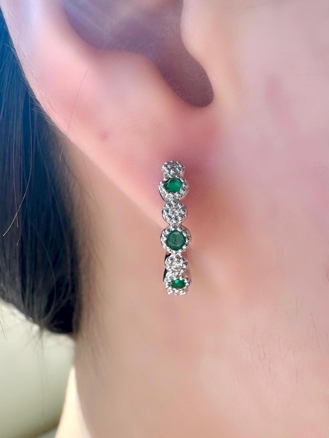 Genuine Emerald and Diamond Medium Hoop Earrings in 14k Solid Gold