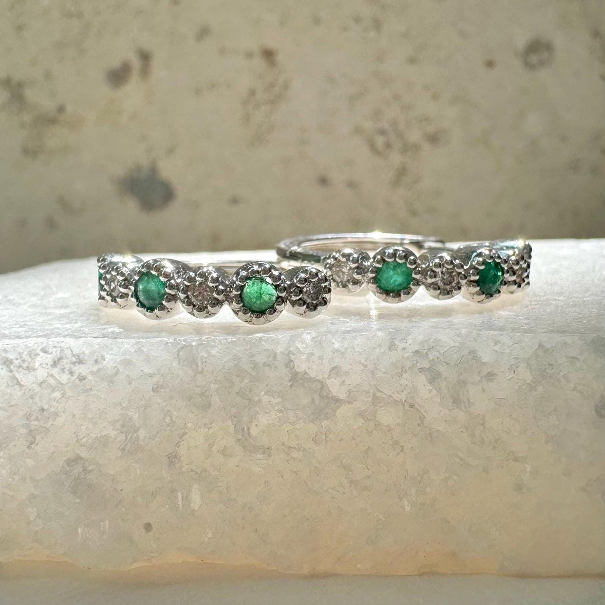 Genuine Emerald and Diamond Medium Hoop Earrings in 14k Solid Gold