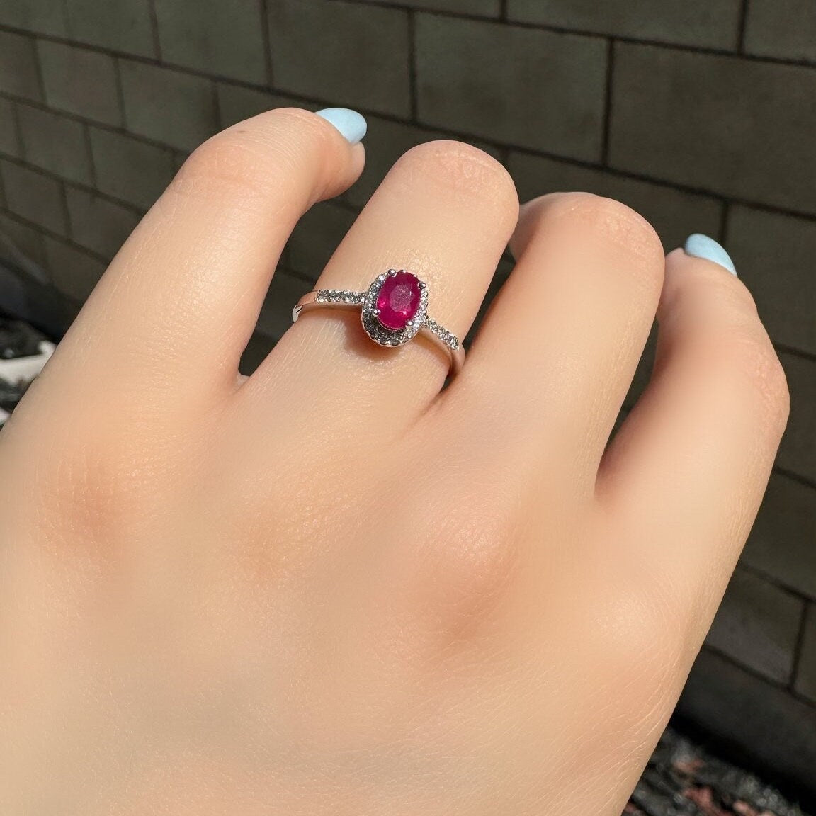 Genuine Ruby and Diamond Oval Ring｜14k White Gold