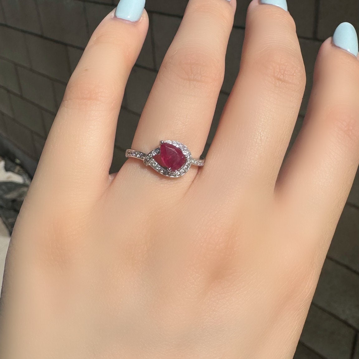Genuine Ruby and Diamond Teardrop Ring in 14k White Gold
