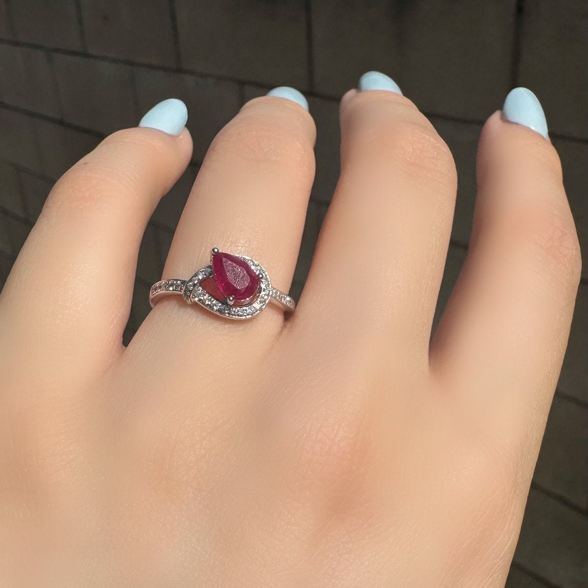 Genuine Ruby and Diamond Teardrop Ring in 14k White Gold