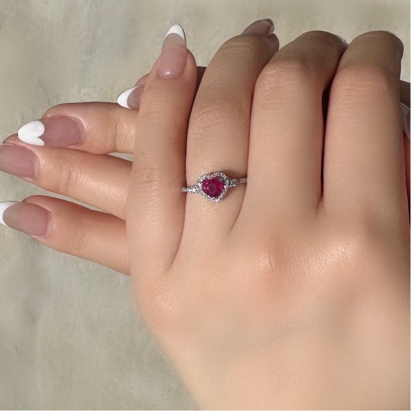 14k Solid White Gold Ruby & Diamond Heart Halo Ring, Natural Ruby and Diamond, July Birthstone Gift