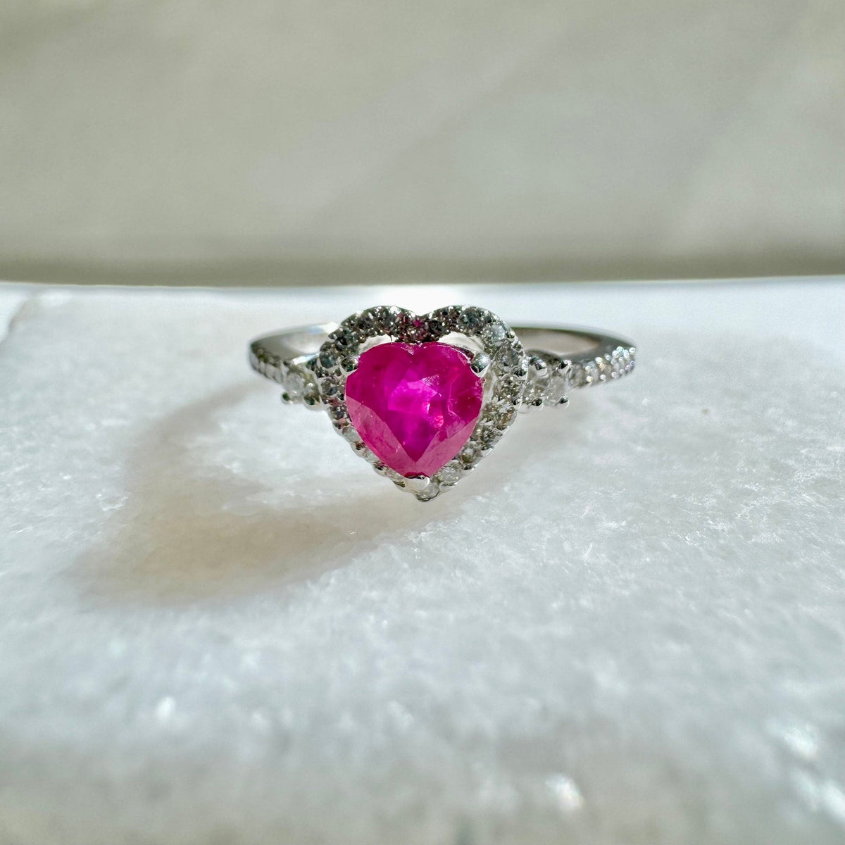 14k Solid White Gold Ruby & Diamond Heart Halo Ring, Natural Ruby and Diamond, July Birthstone Gift