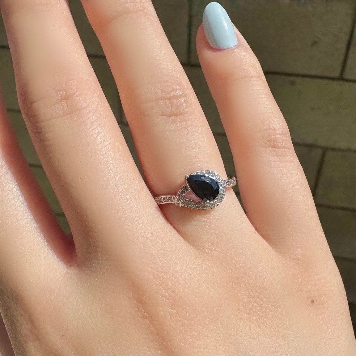 Genuine Sapphire and Diamond Pear Cut Ring | 14k White Gold