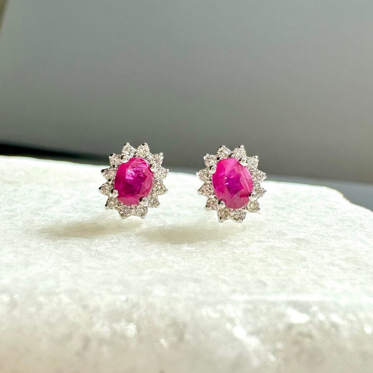 Ruby Diamond Solaris Earrings, Genuine 14k Solid Gold Sunburst Cluster, July Birthstone