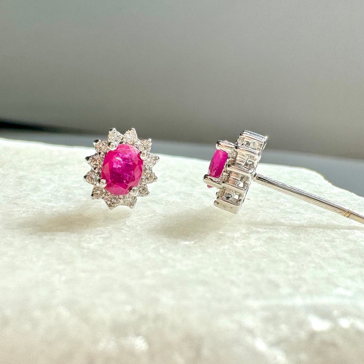 Ruby Diamond Solaris Earrings, Genuine 14k Solid Gold Sunburst Cluster, July Birthstone