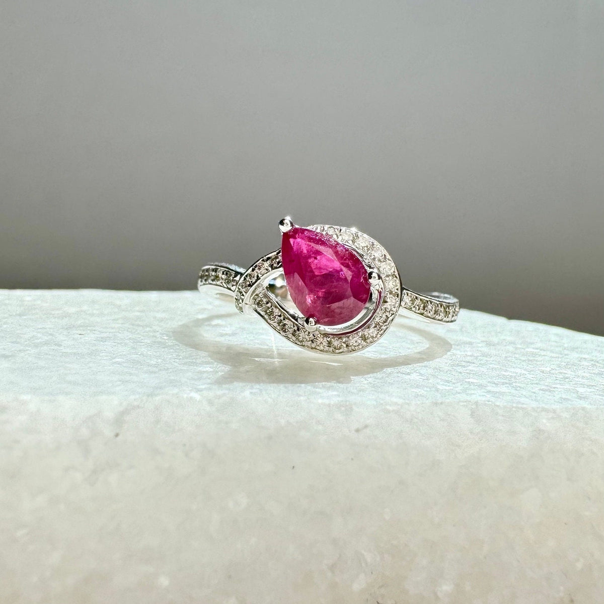 Genuine Ruby and Diamond Teardrop Ring in 14k White Gold