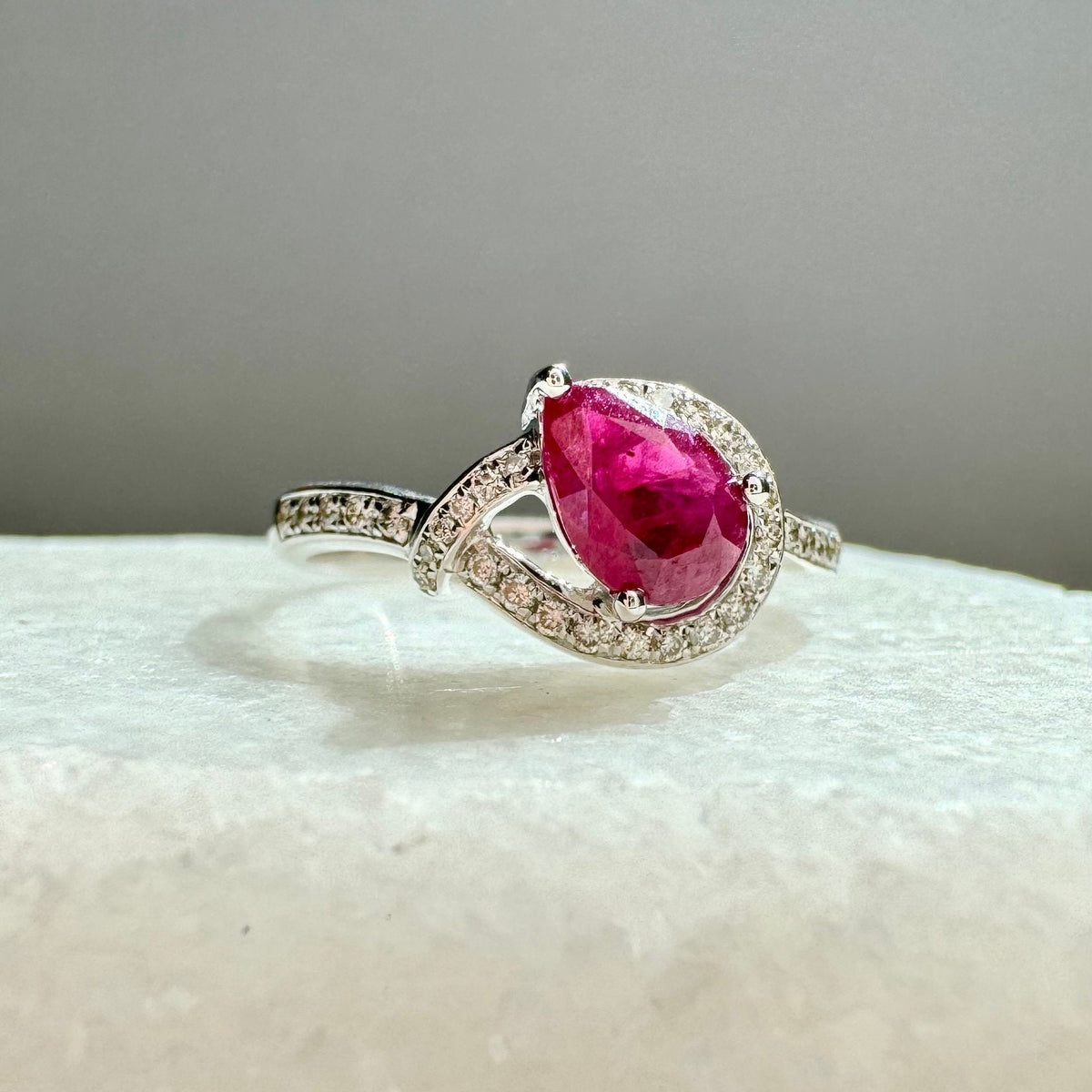 Genuine Ruby and Diamond Teardrop Ring in 14k White Gold