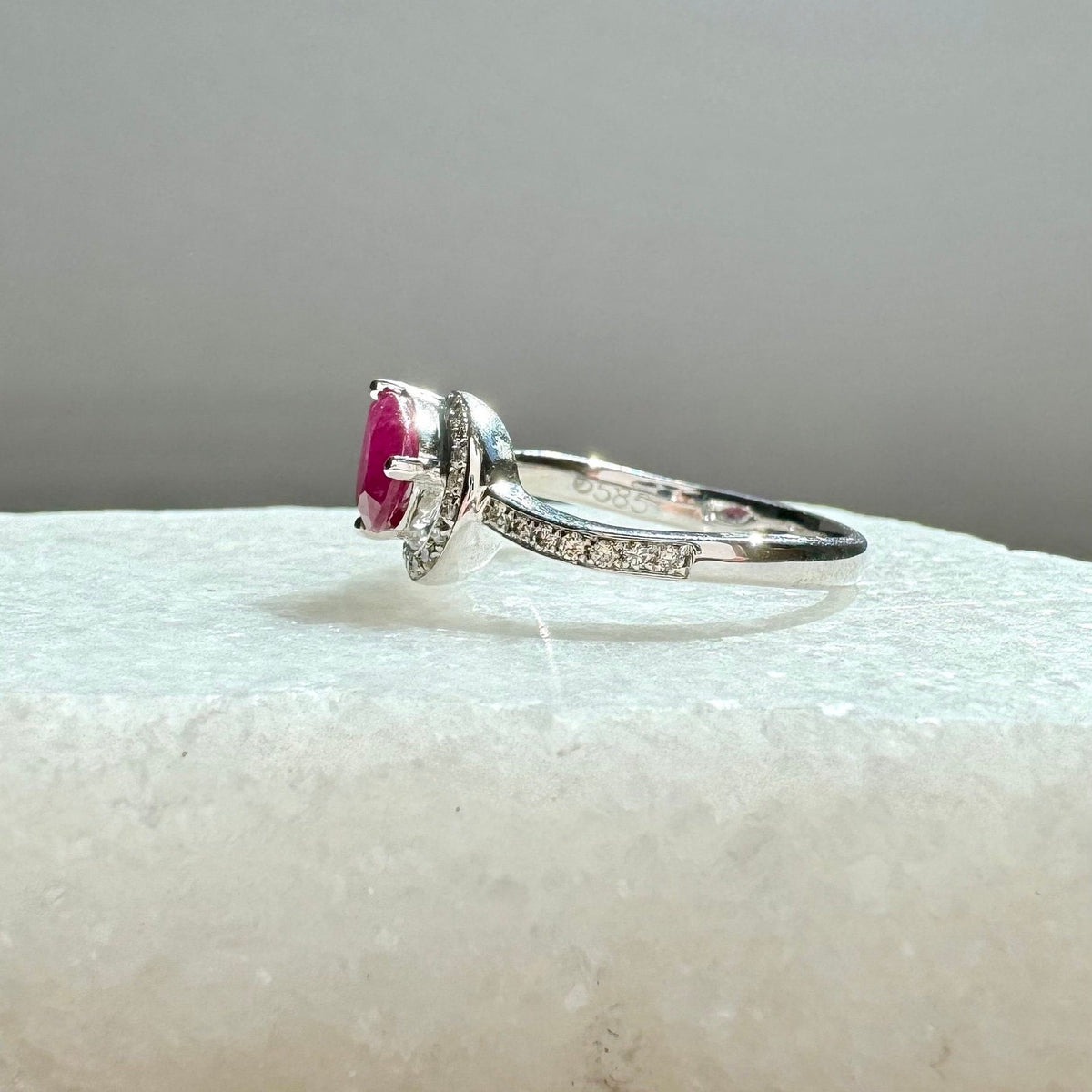 Genuine Ruby and Diamond Teardrop Ring in 14k White Gold