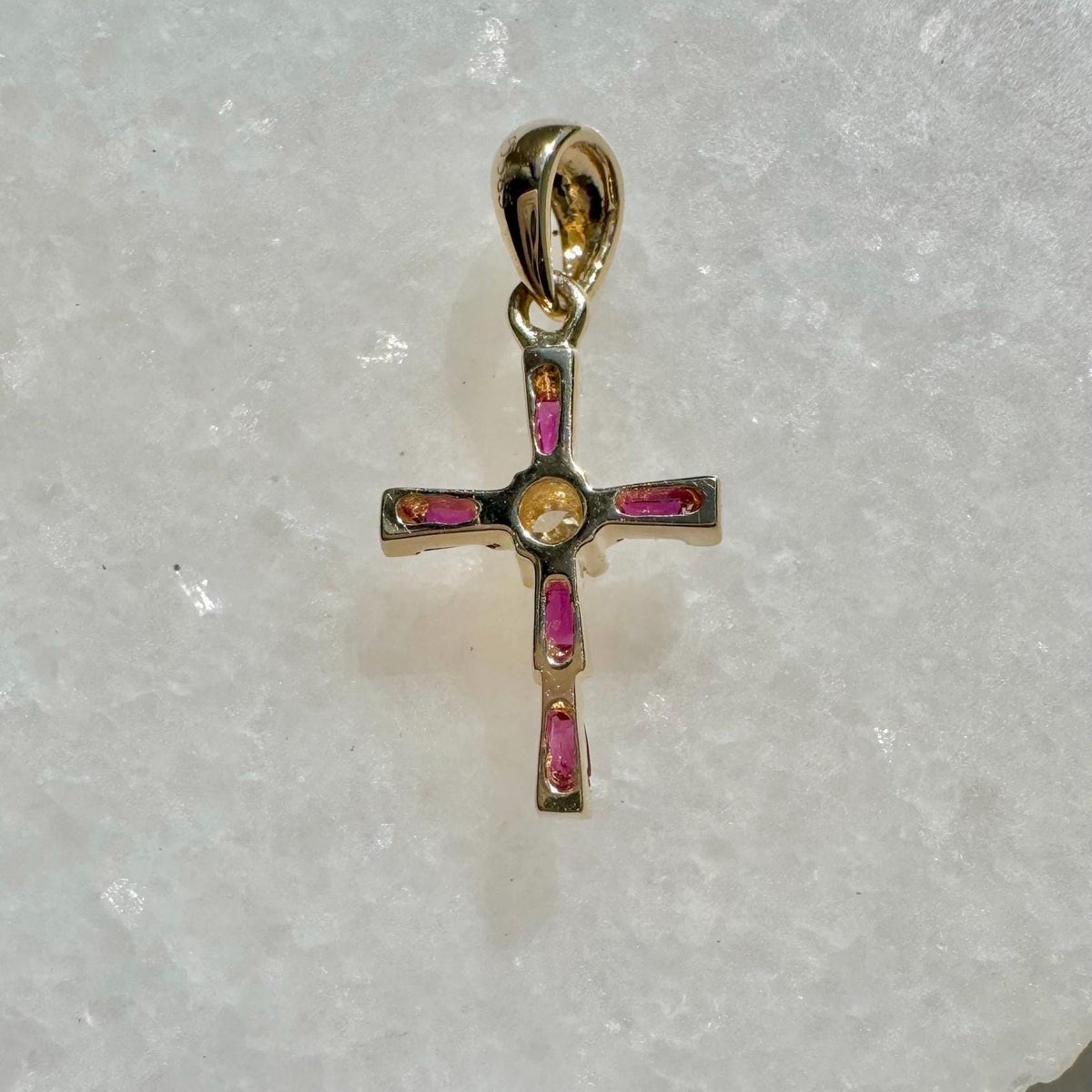 Genuine Ruby Diamond Baguette Cross Pendant (Mini) | 14k Solid Gold