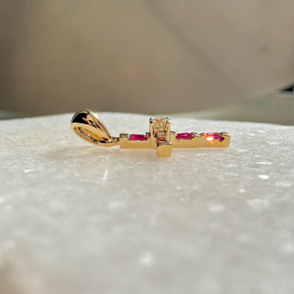 Genuine Ruby Diamond Baguette Cross Pendant (Mini) | 14k Solid Gold