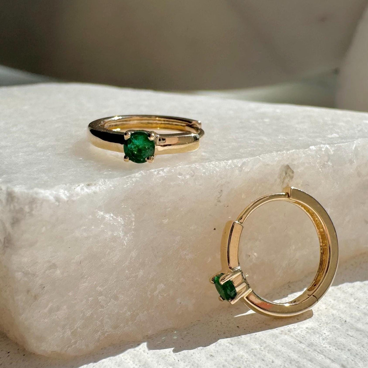 Genuine Dainty Emerald Round Cut Huggie Hoop Earrings, 14k Solid Gold, May Birthstone Gift
