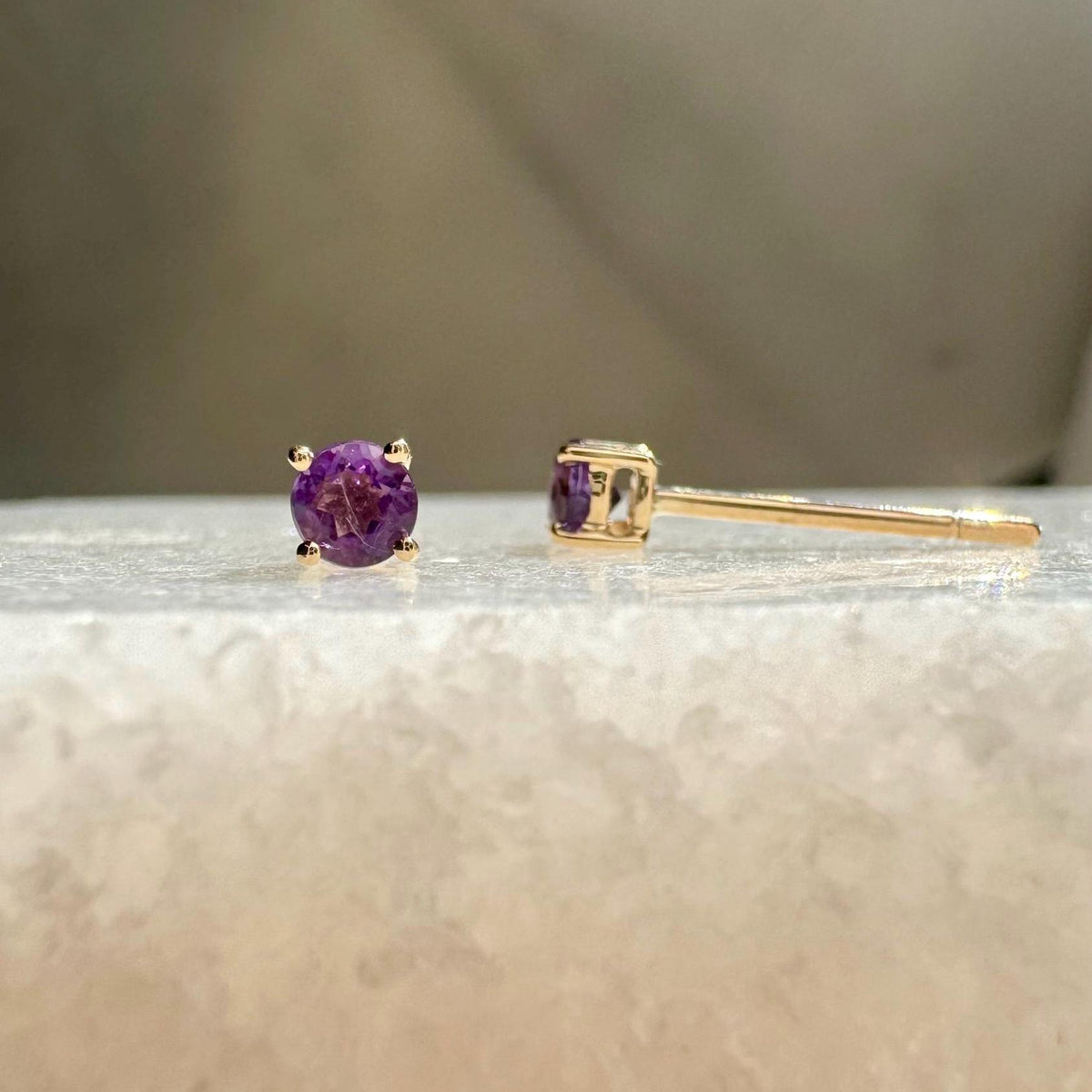 Genuine Amethyst 3mm Round Cut Stud Earrings / 14k Solid Gold