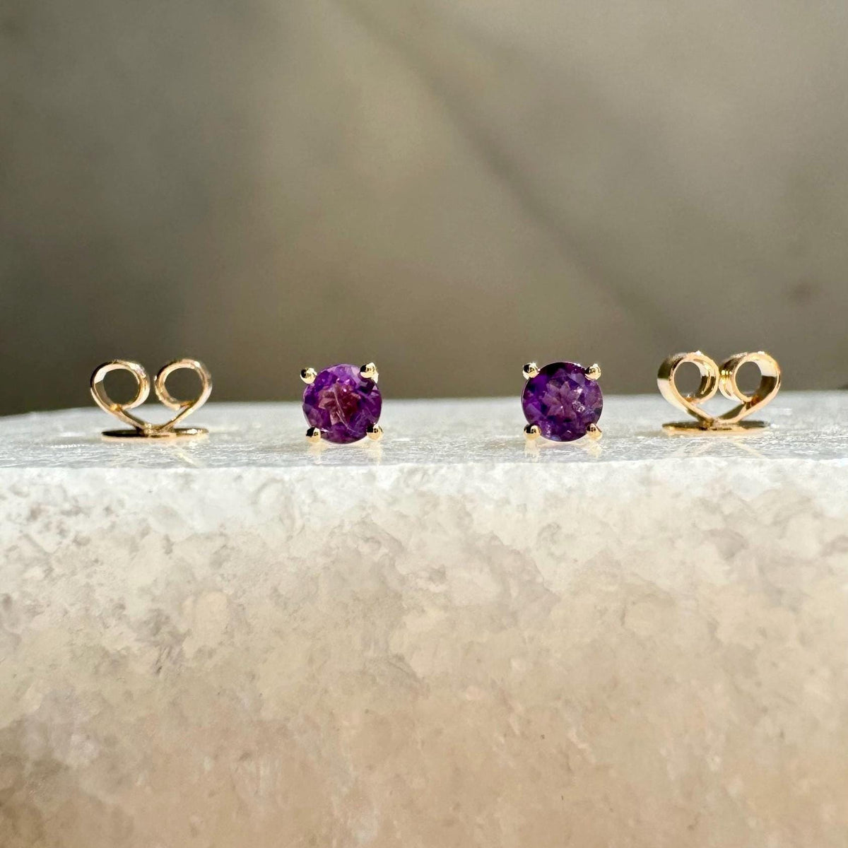 Genuine Amethyst 3mm Round Cut Stud Earrings / 14k Solid Gold
