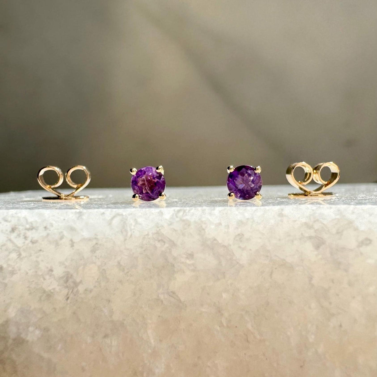 Genuine Amethyst 3mm Round Cut Stud Earrings / 14k Solid Gold
