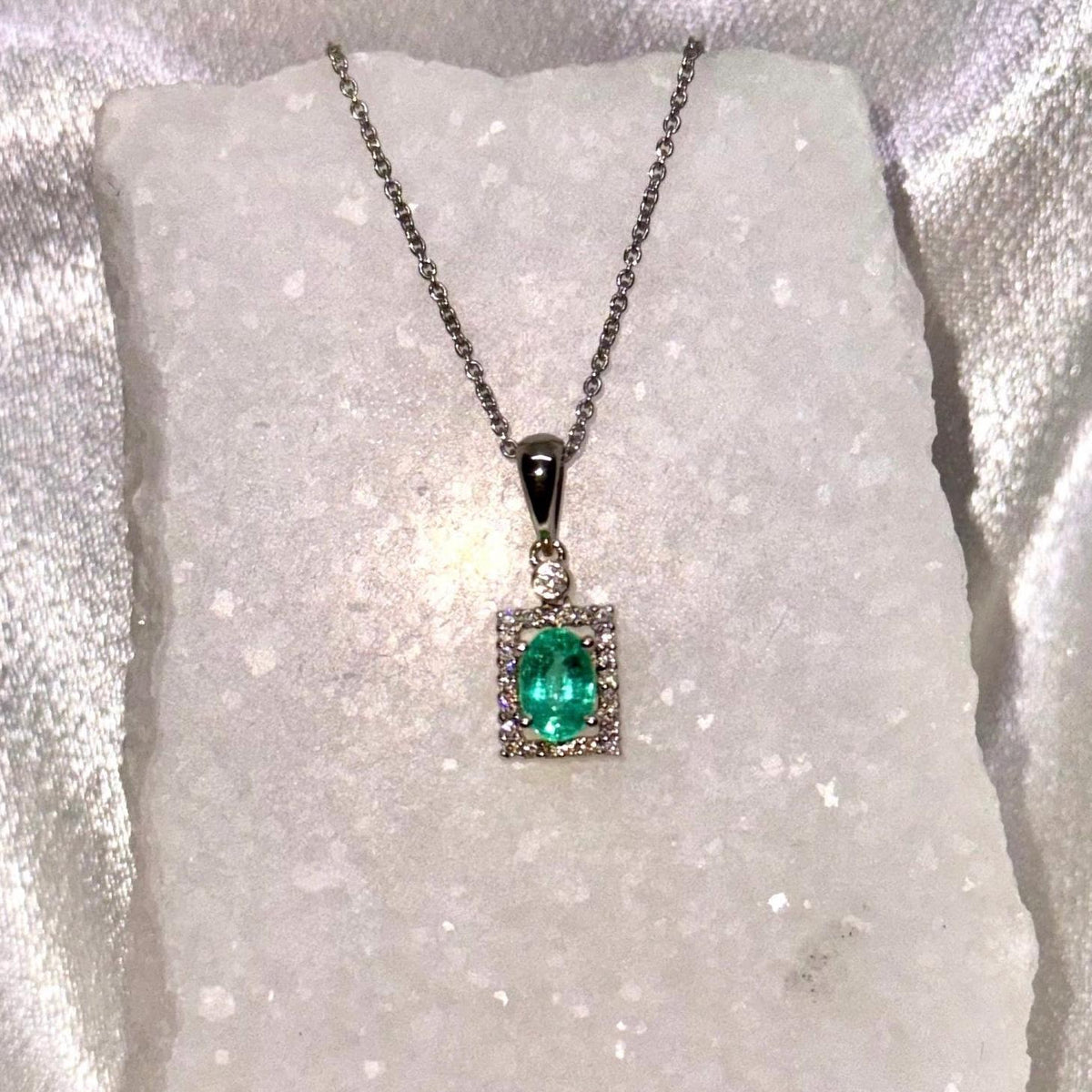 Genuine Oval Cut Emerald and Diamond Prism Pendant / 14k Solid Gold