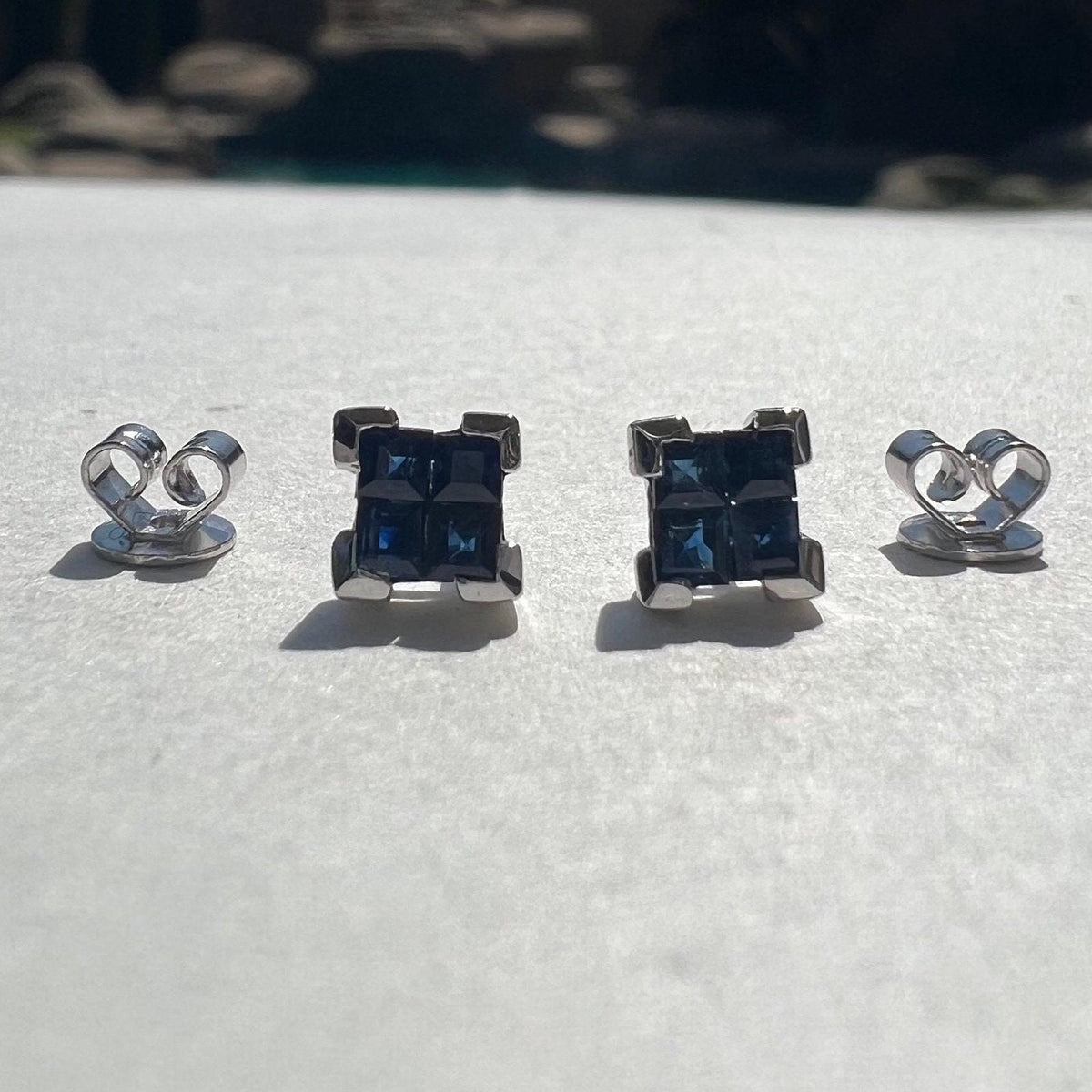 Genuine Princess Cut Sapphire Square Cluster Stud Earrings, 14k Solid White Gold, September Birthstone Gift