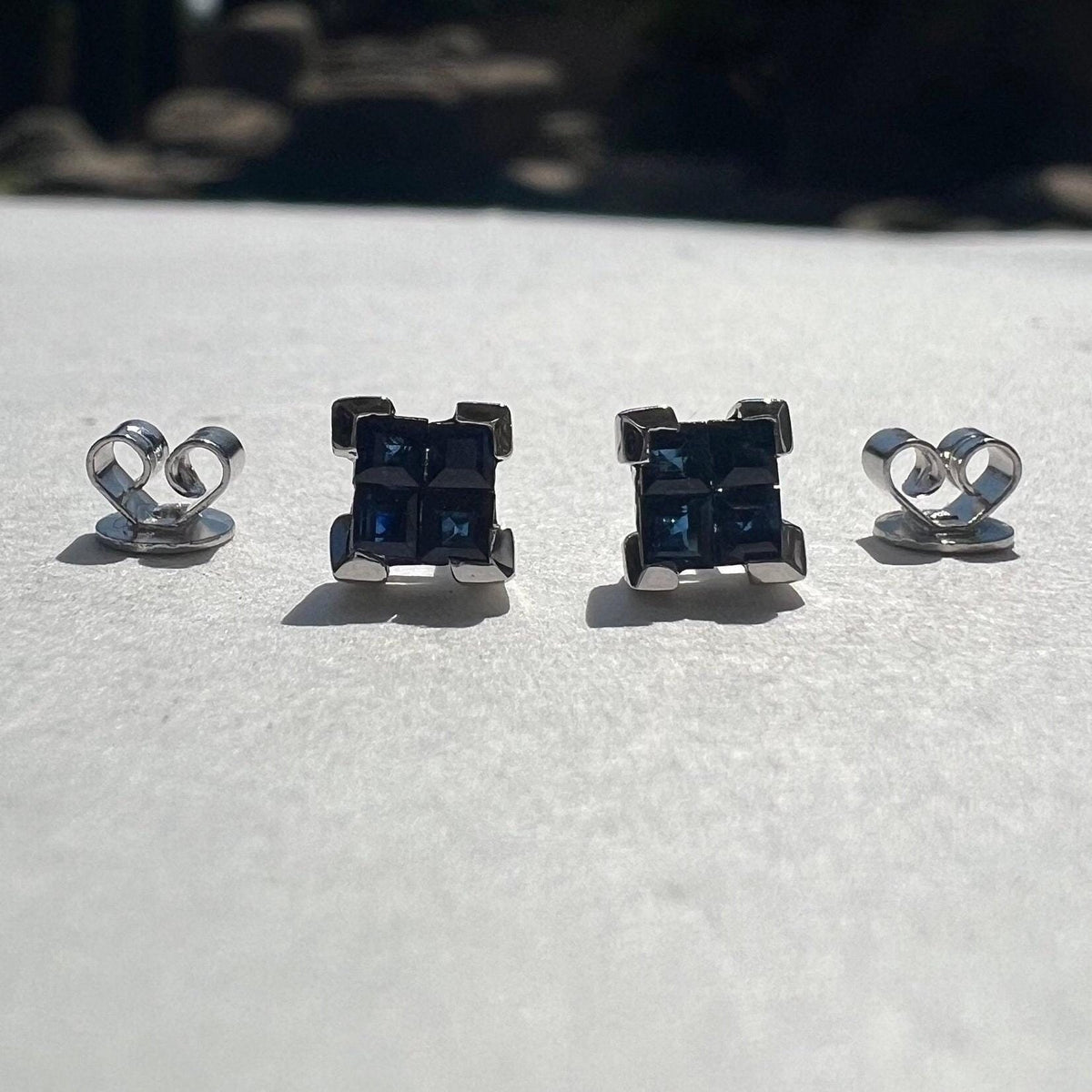Genuine Princess Cut Sapphire Square Cluster Stud Earrings, 14k Solid White Gold, September Birthstone Gift