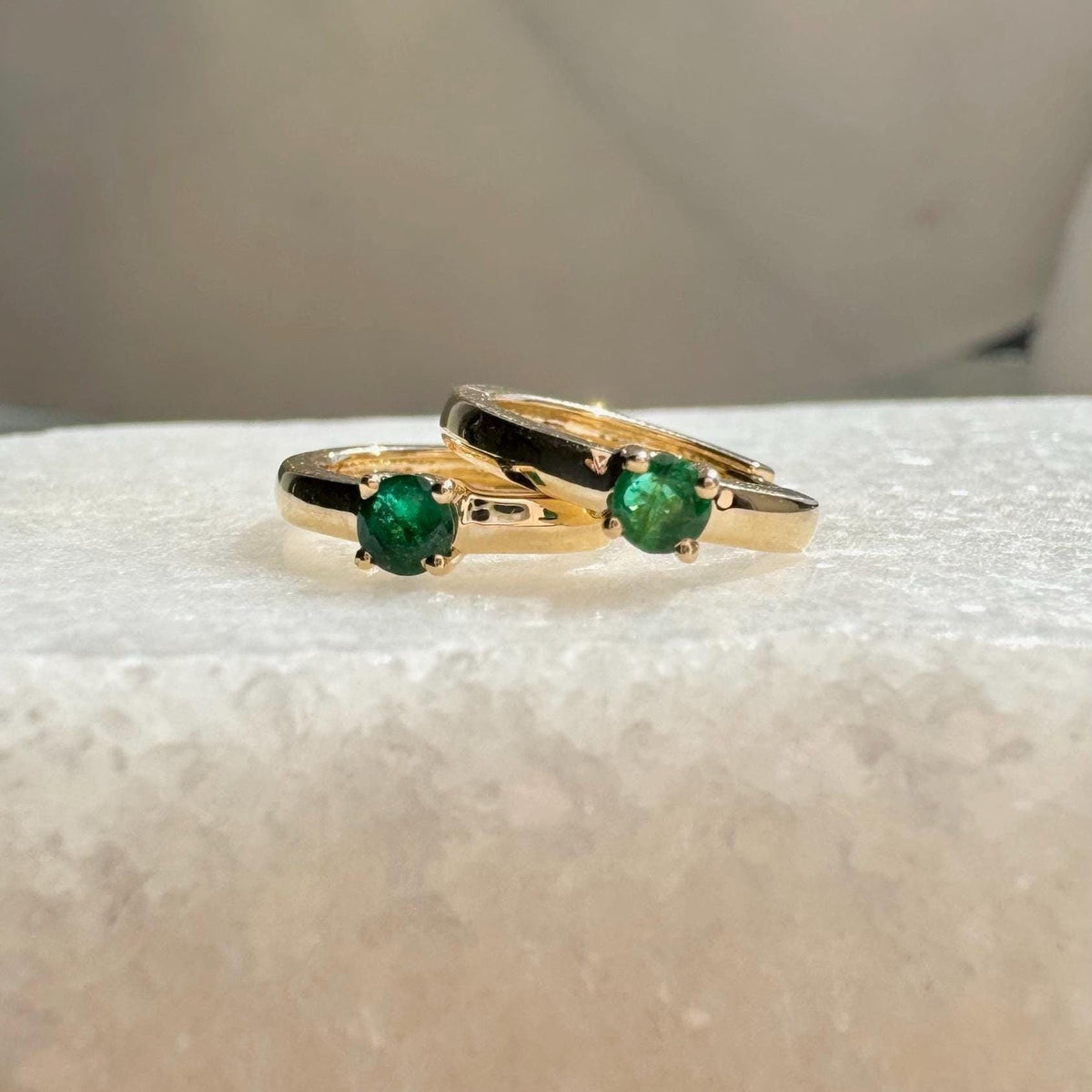 Genuine Dainty Emerald Round Cut Huggie Hoop Earrings, 14k Solid Gold, May Birthstone Gift