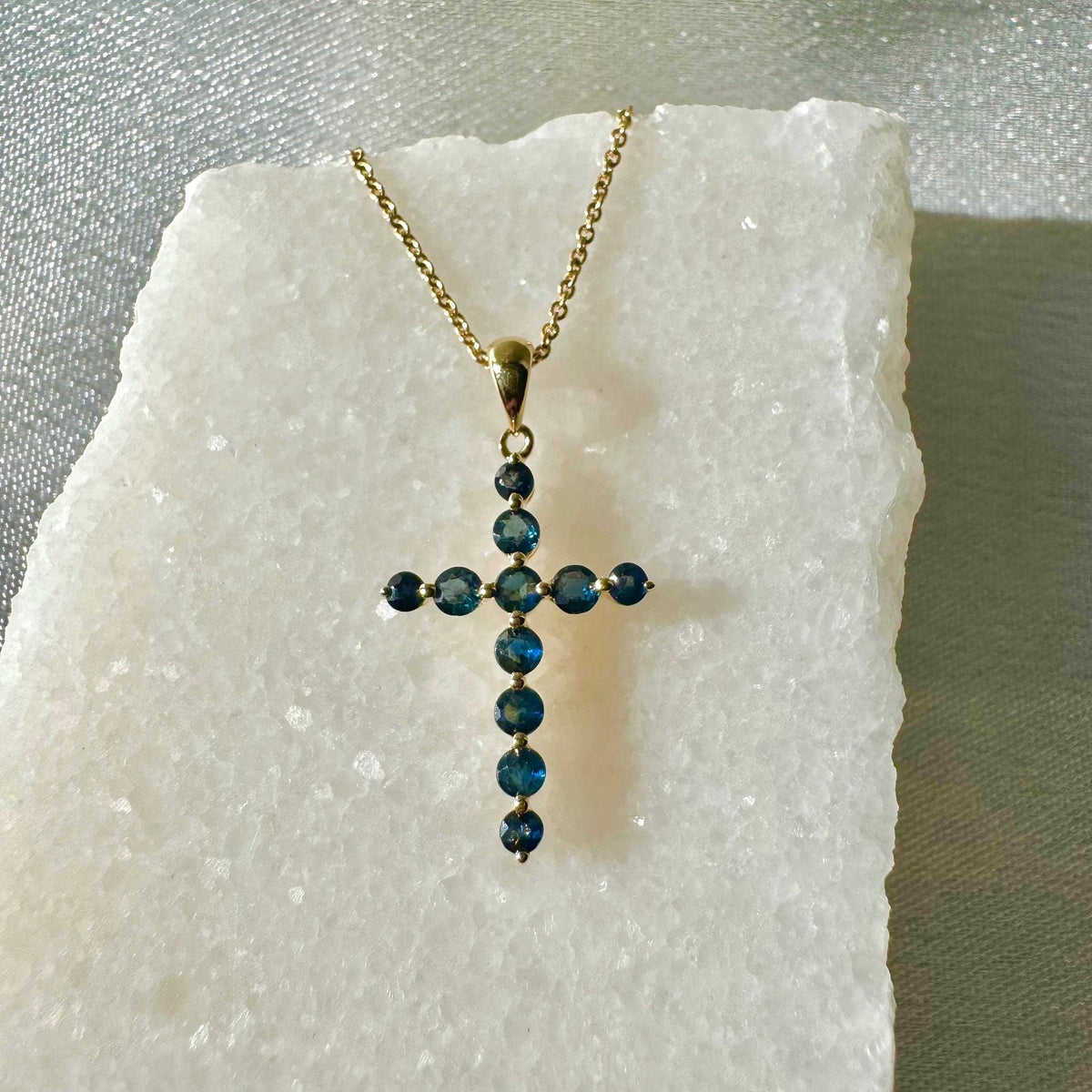 Genuine Sapphire Round Cut Cross Pendant | 14k Solid Gold