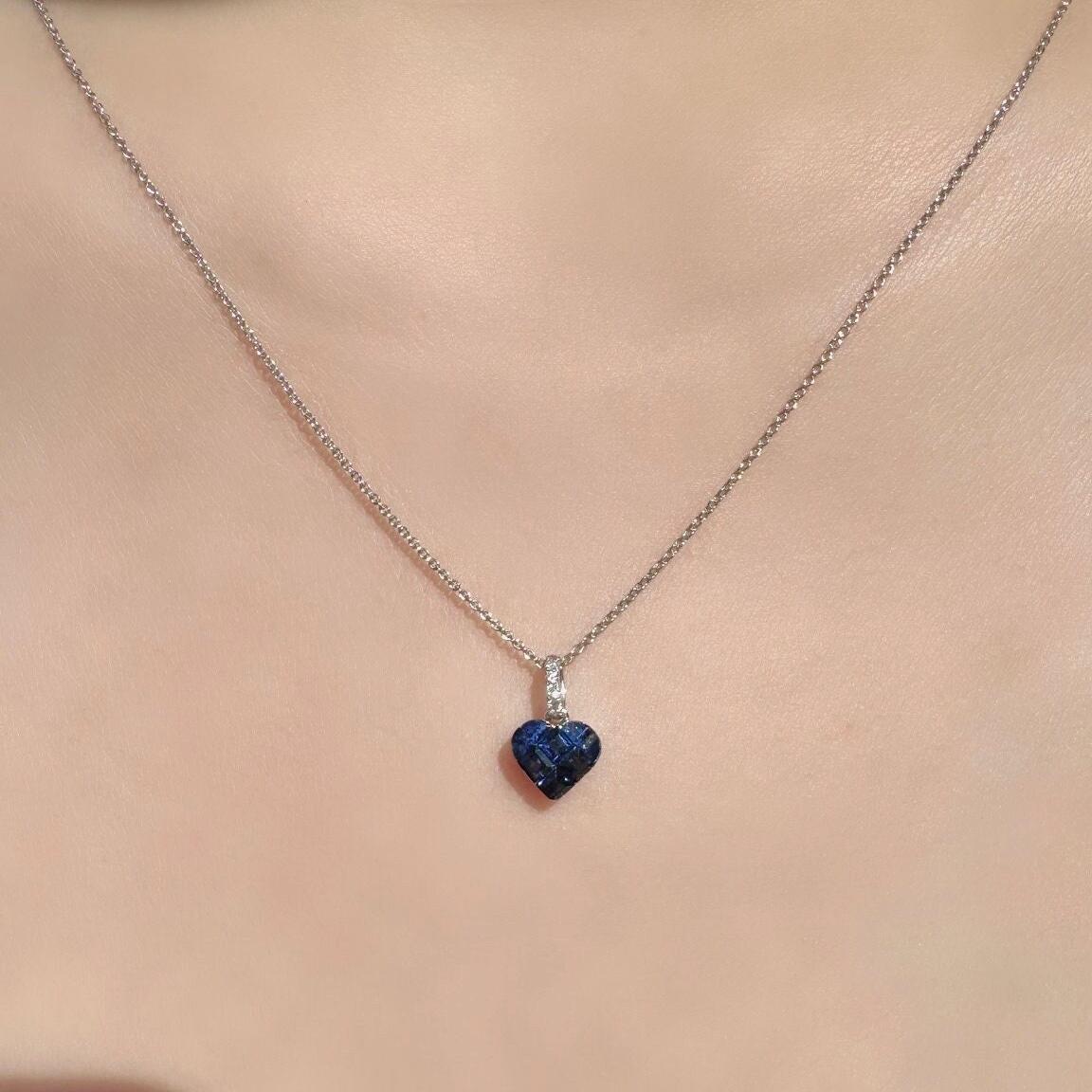 Genuine Sapphire Diamond Pavé Heart Pendant, 14k Solid Gold, September Birthstone, Gift for Her