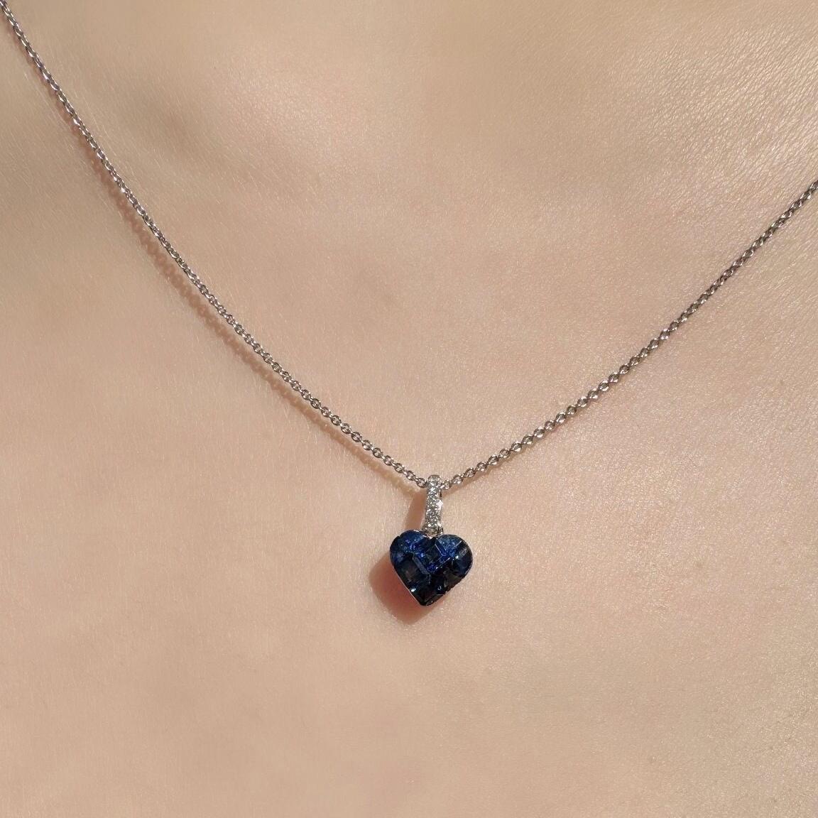 Genuine Sapphire Diamond Pavé Heart Pendant, 14k Solid Gold, September Birthstone, Gift for Her