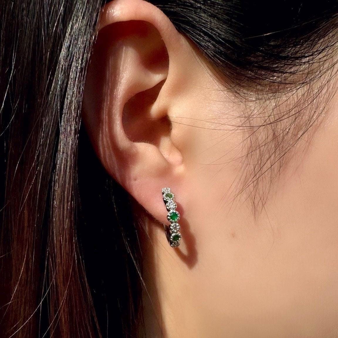 Genuine Emerald and Diamond Medium Hoop Earrings in 14k Solid Gold