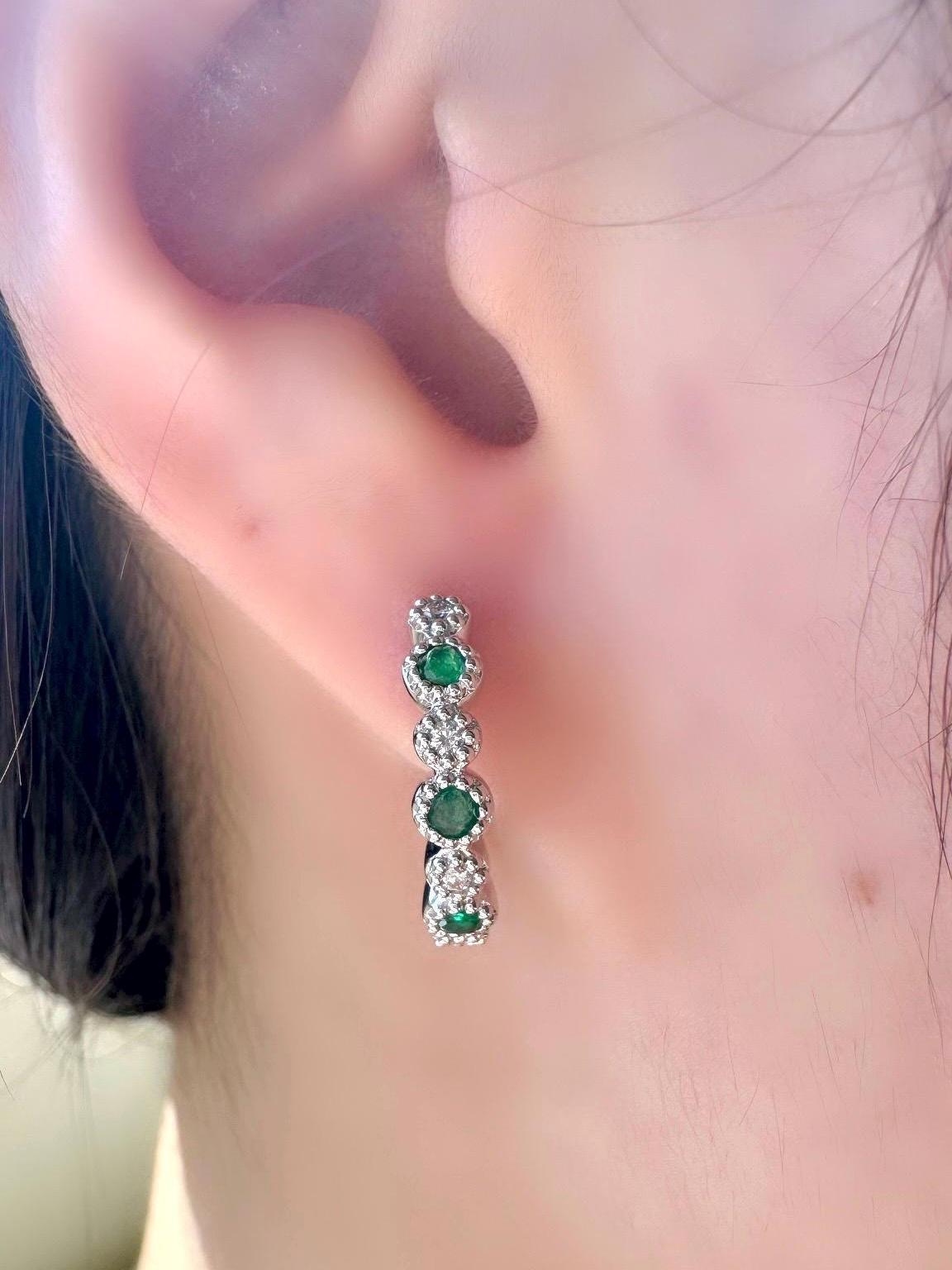 Genuine Emerald and Diamond Medium Hoop Earrings in 14k Solid Gold