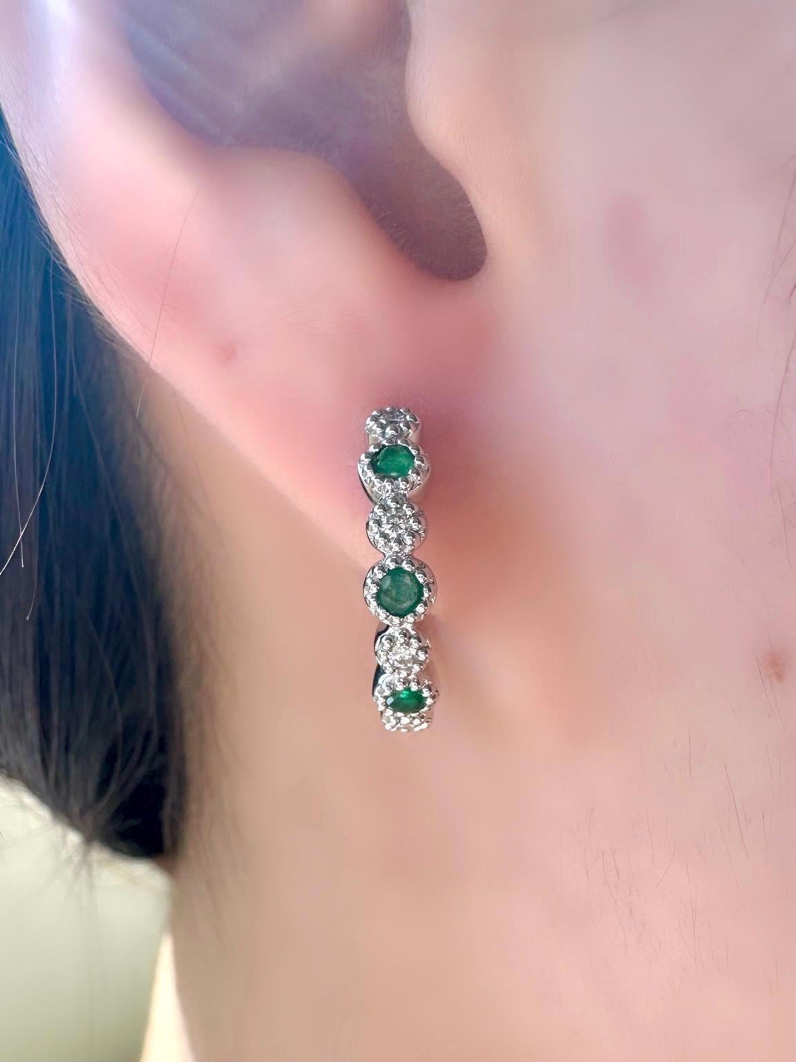 Genuine Emerald and Diamond Medium Hoop Earrings in 14k Solid Gold