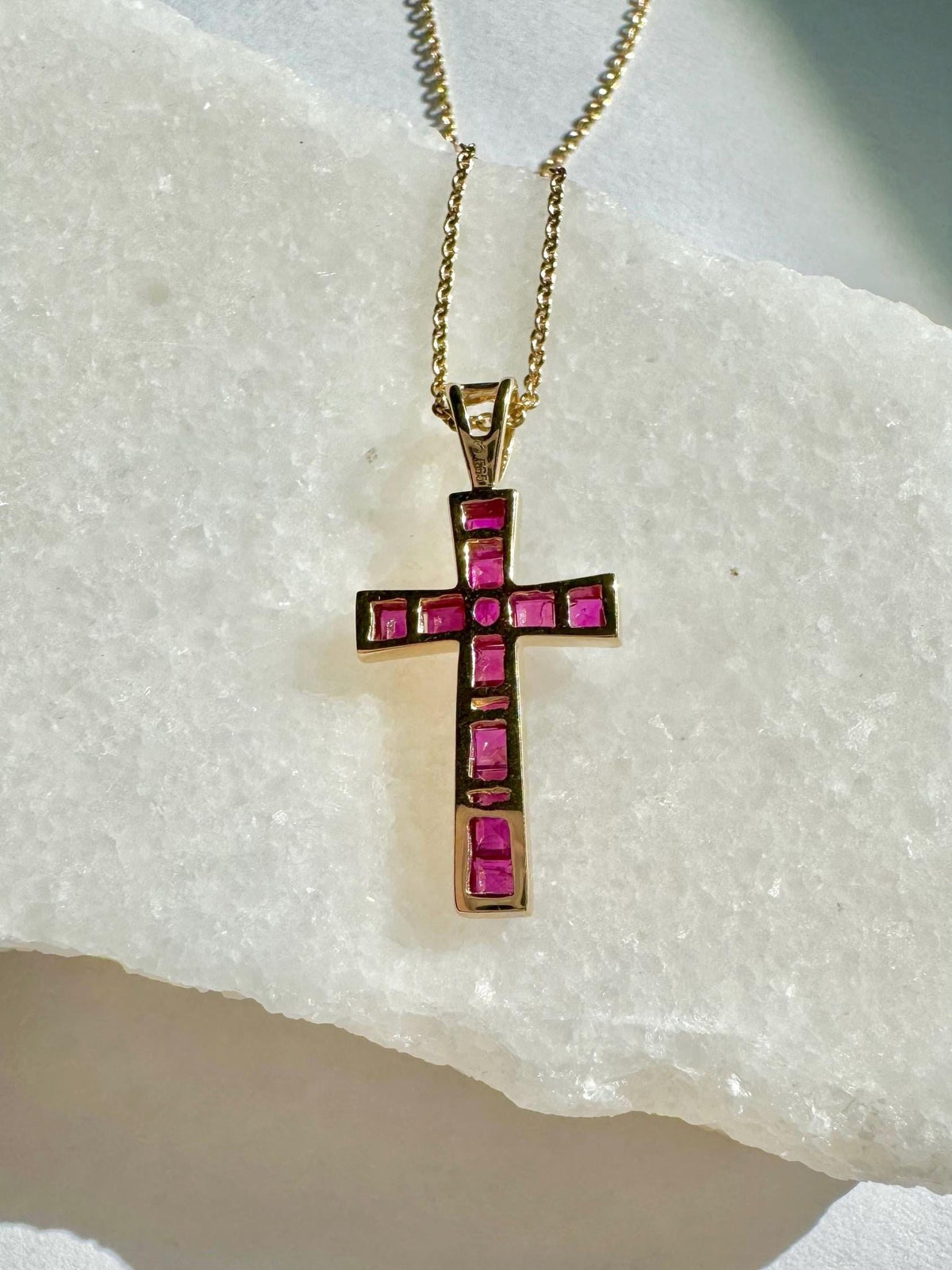 Genuine Ruby Tapered Cross Pendant / 14k Solid Gold