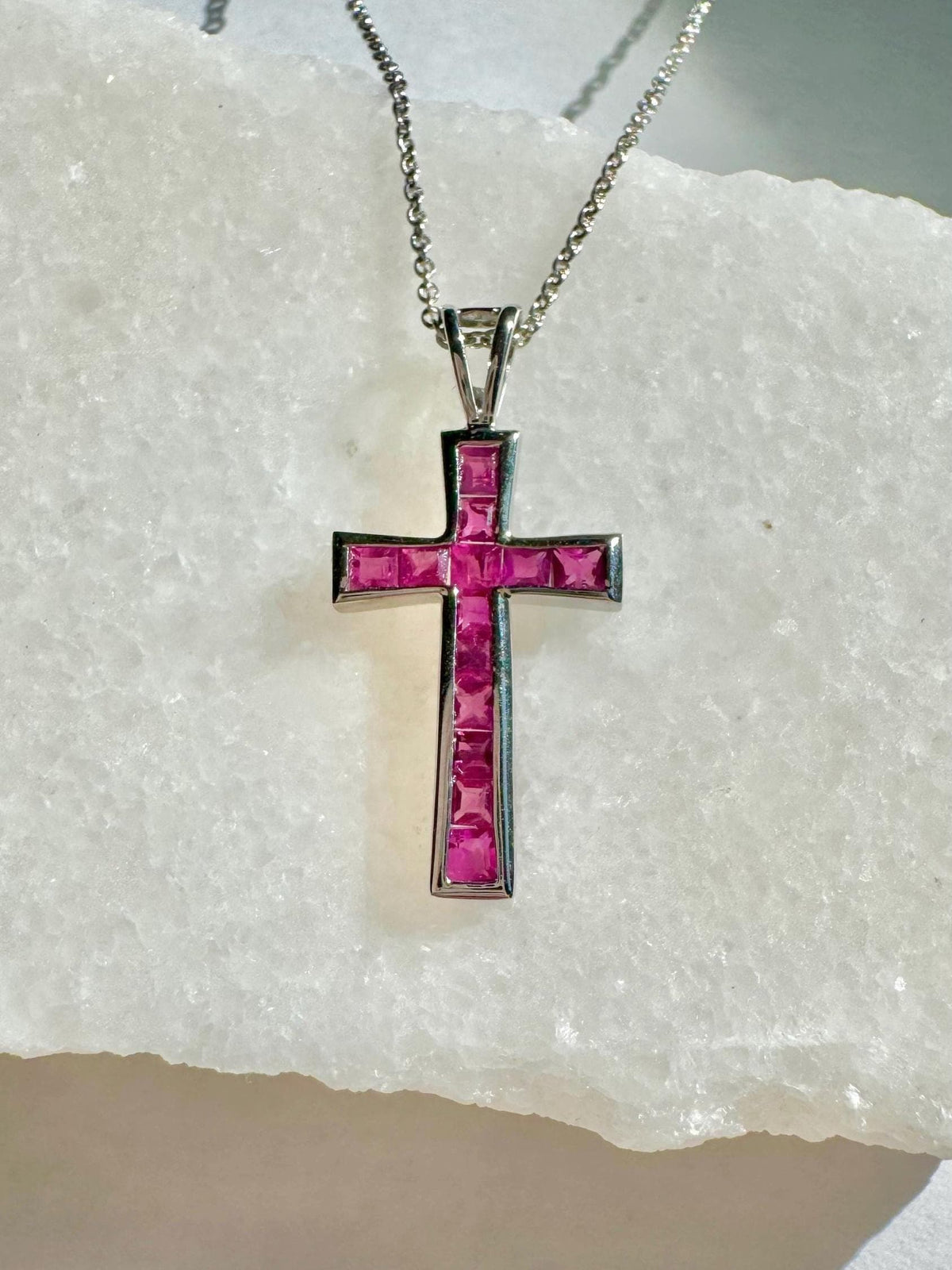 Genuine Ruby Tapered Cross Pendant / 14k Solid Gold