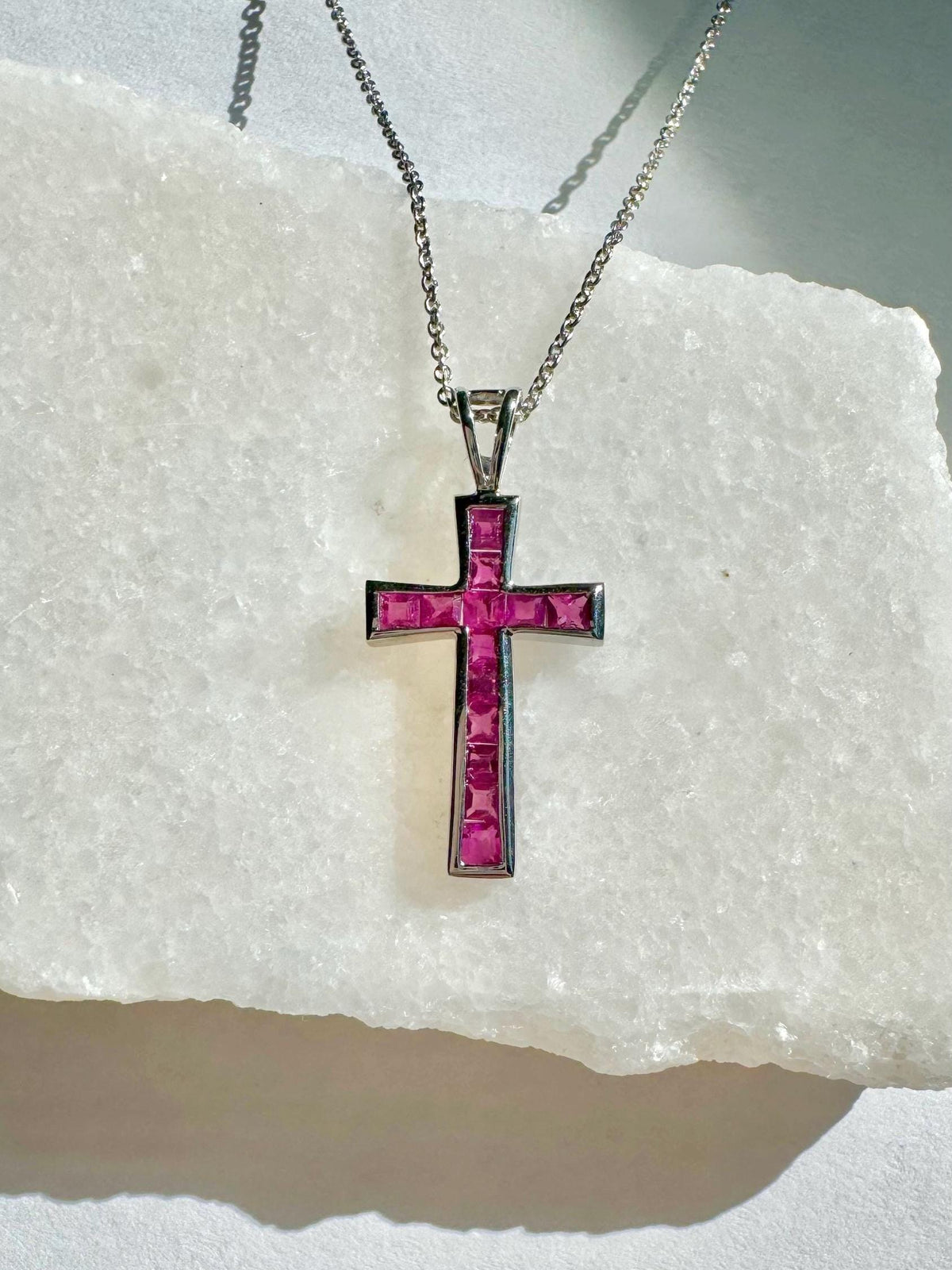 Genuine Ruby Tapered Cross Pendant / 14k Solid Gold