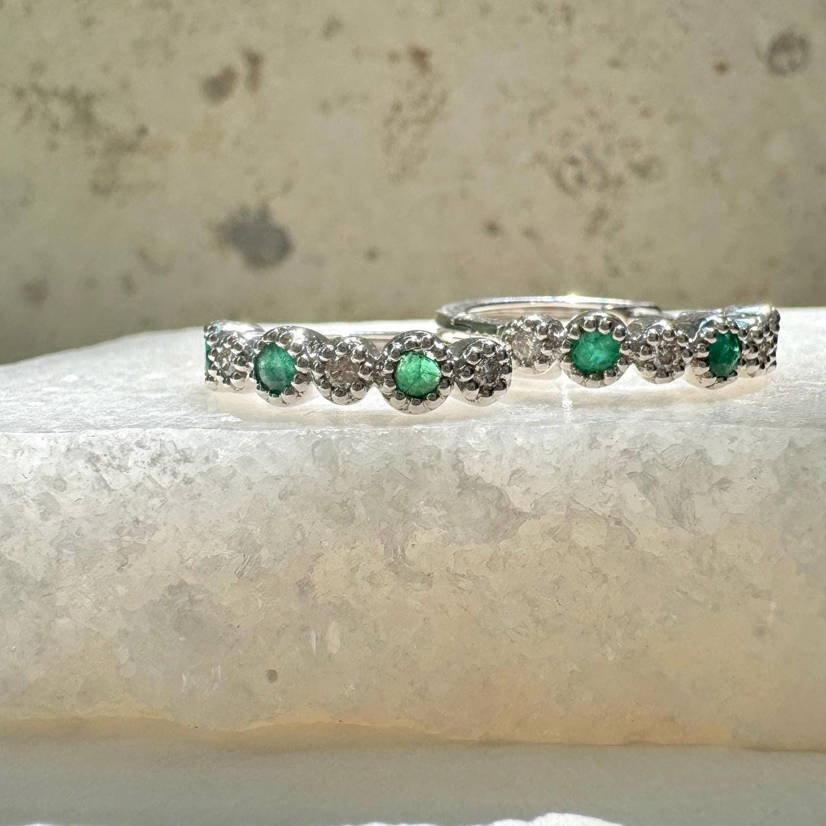 Genuine Emerald and Diamond Medium Hoop Earrings in 14k Solid Gold