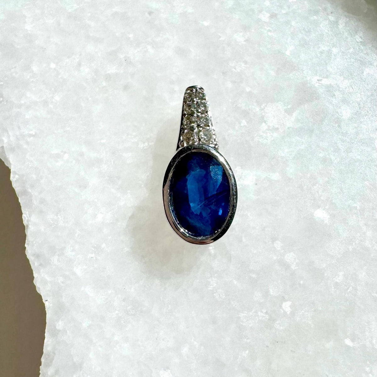 Genuine Oval Sapphire and Diamond Pendant in 14k Solid Gold