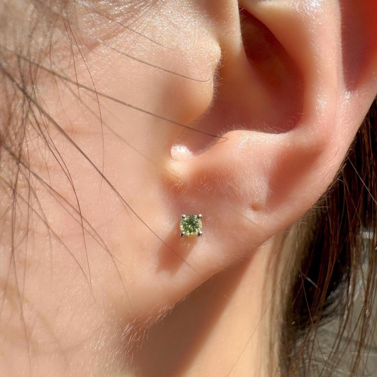 Genuine Peridot 3 mm Round Cut Solitaire Stud Earrings / 14k Solid Gold