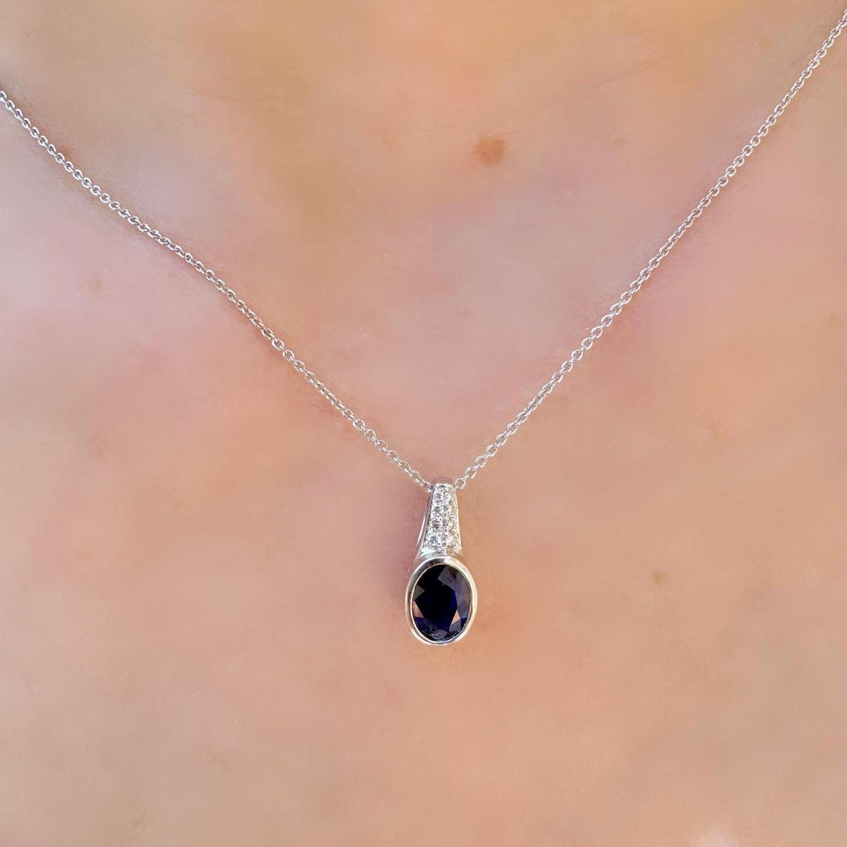 Genuine Oval Sapphire and Diamond Pendant in 14k Solid Gold