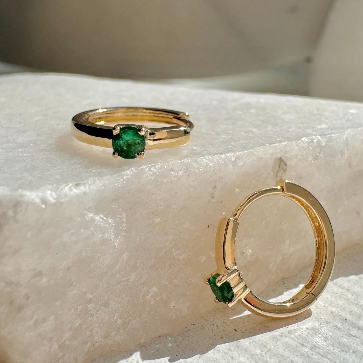 Genuine Dainty Emerald Round Cut Huggie Hoop Earrings, 14k Solid Gold, May Birthstone Gift