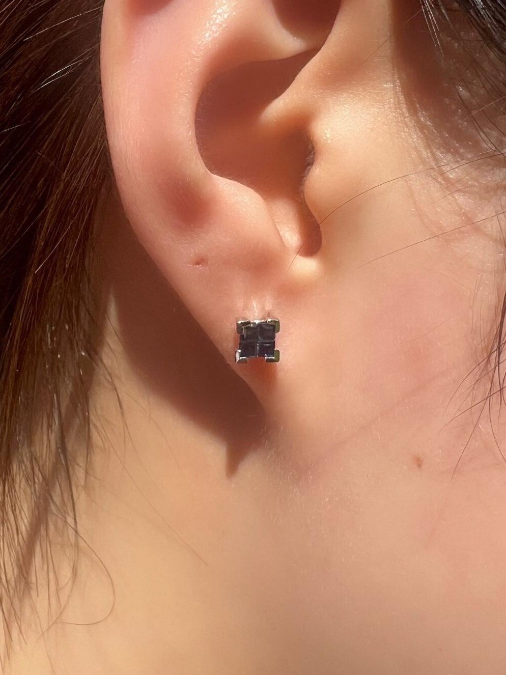 Genuine Princess Cut Sapphire Square Cluster Stud Earrings, 14k Solid White Gold, September Birthstone Gift