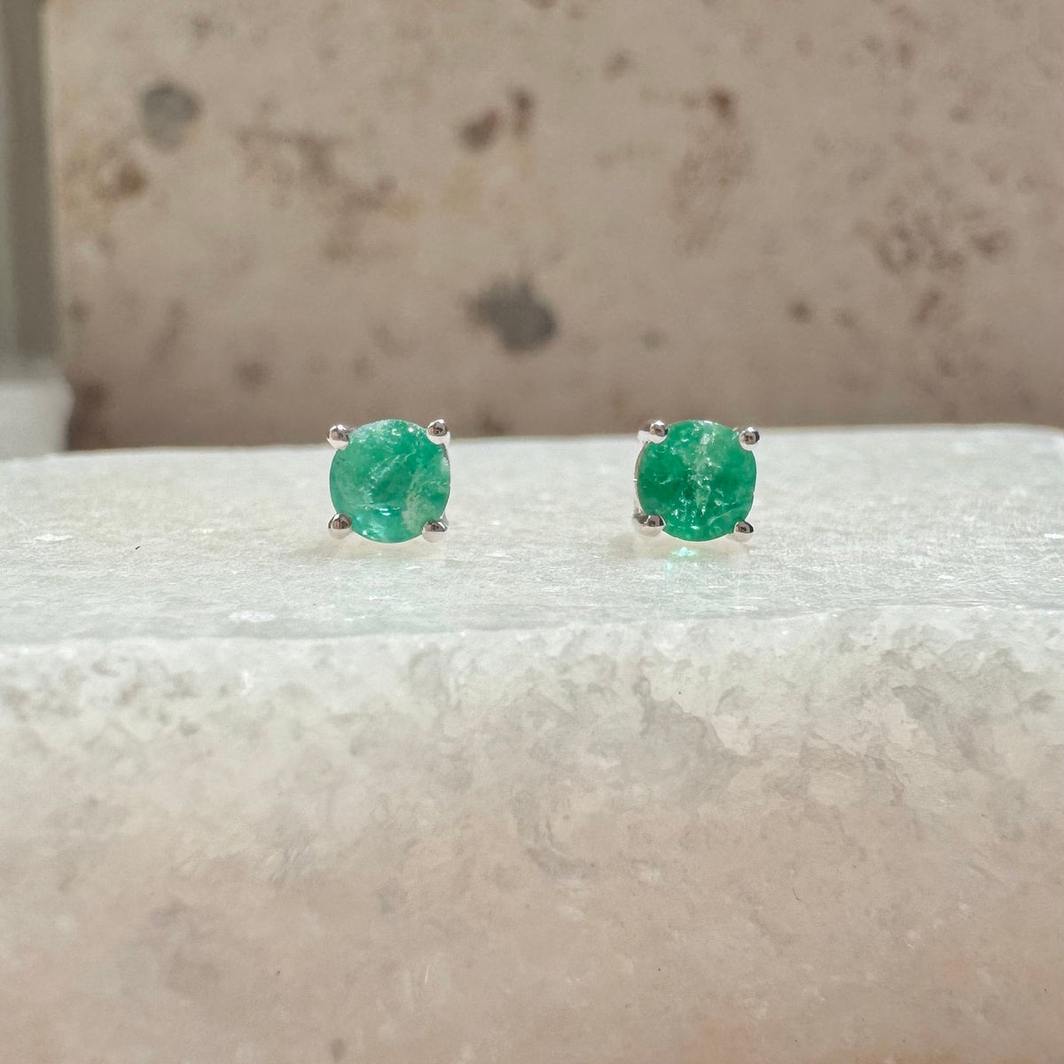 14k Solid Gold Round Cut 4mm Emerald Stud Earrings, May Birthstone Gift