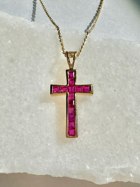 Genuine Ruby Tapered Cross Pendant / 14k Solid Gold